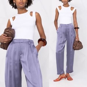 VINCE Pleated Font Shiny Satin Pants Womens 14 Purple High Rise Straight Leg NEW